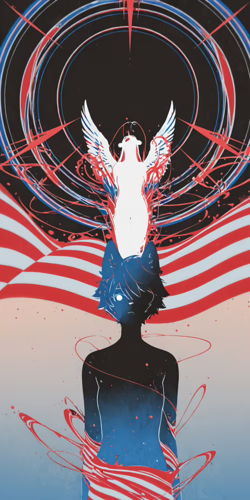 A white silhouette of a female angel with wolf ears and a halo ascending from a block...