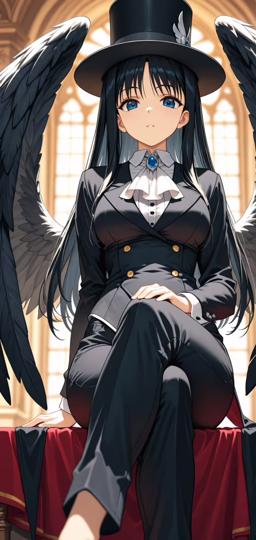 An anime girl with long black hair, blue eyes, and large black angel wings, sitting... free hd wallpapers