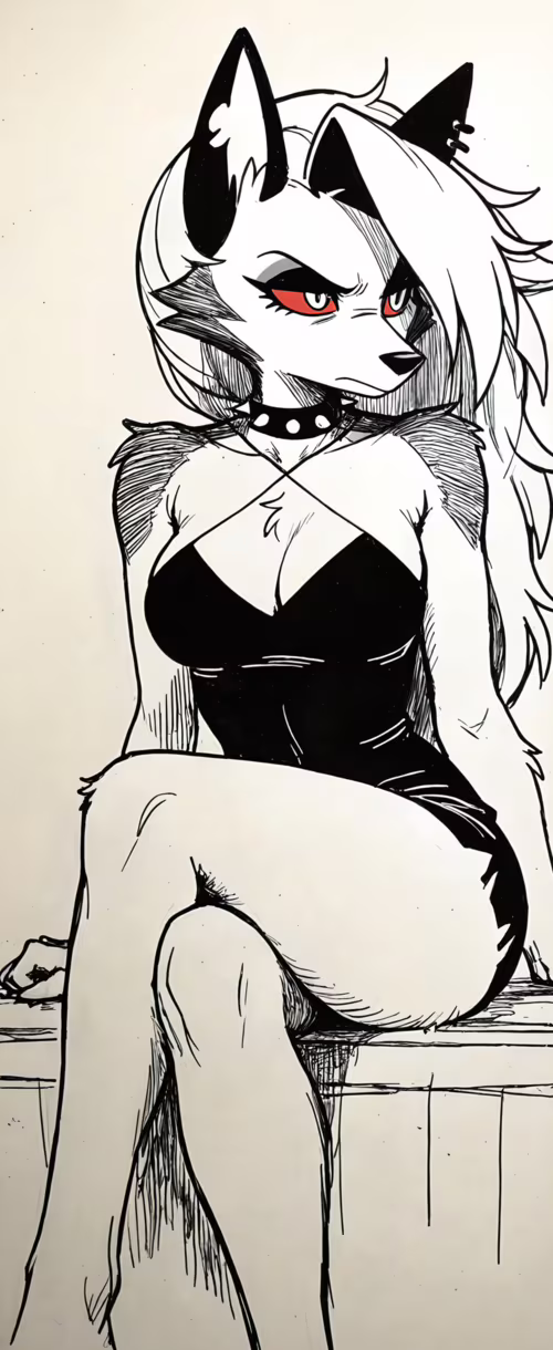 A full-body ink sketch of Loona from Helluva Boss, an anthropomorphic wolf girl with... Samsung Galaxy Z Flip free background