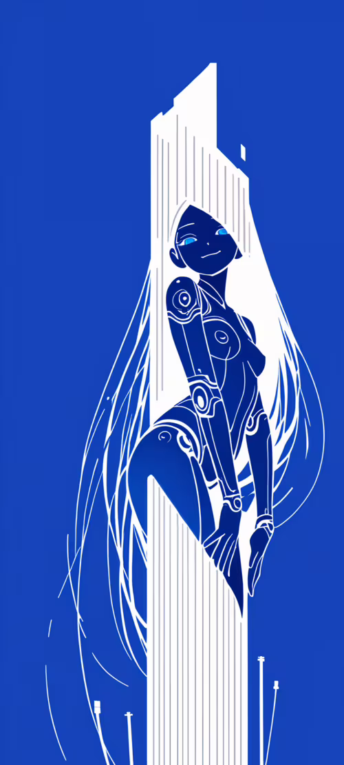 An anime-style illustration of a female android with a transparent blue body and... lock screen wallpaper