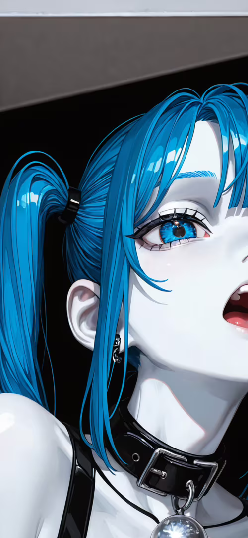 A close-up portrait of an anime girl with bright blue hair in twin tails, pale skin,... free background images