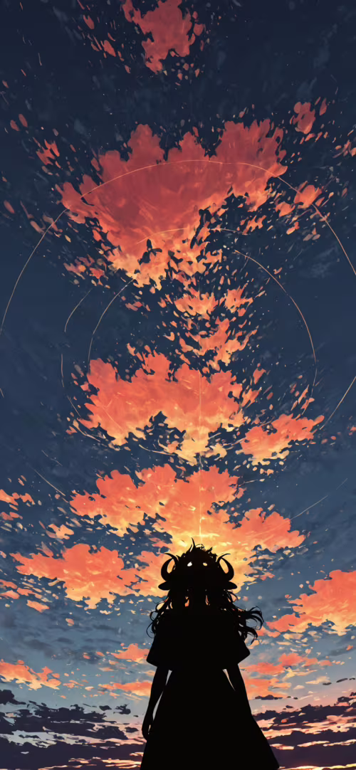 A low-angle digital illustration of a girl with dark curly hair, sheep ears, and... Honor 70 Pro plus wallpaper download