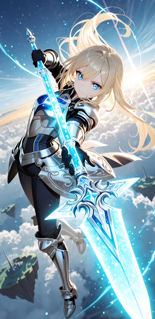 An anime-style female knight with long blonde hair and blue eyes, wearing ornate... Samsung Galaxy S9 plus mobile wallpaper