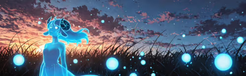 An ethereal, glowing blue spirit girl with sheep ears and horns stands in a field...