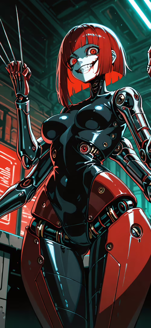 A red, six-armed female android with black hair, glowing red eyes, and a wide, evil... wallpaper