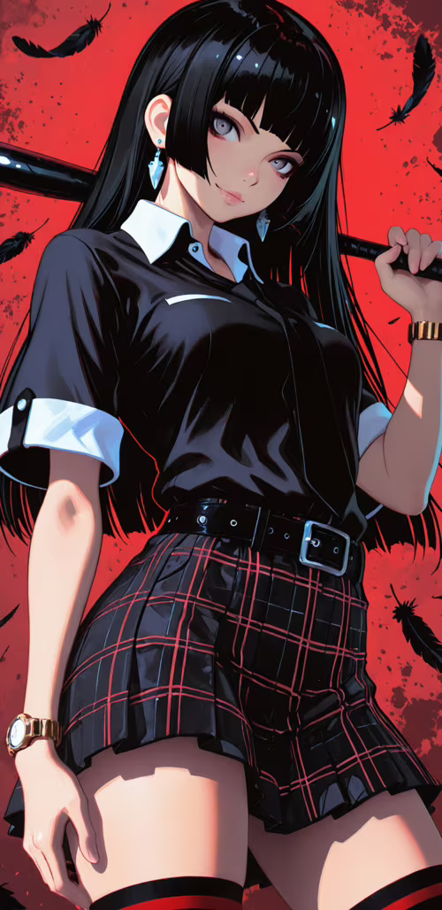 A stylish anime girl with long black hair and grey eyes holding a baseball bat over... Google Pixel 3a wallpaper download