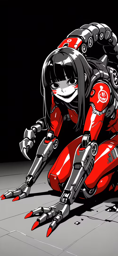 An anime-style female cyborg in red and black scorpion-themed armor, crouching on... pictures for wallpaper