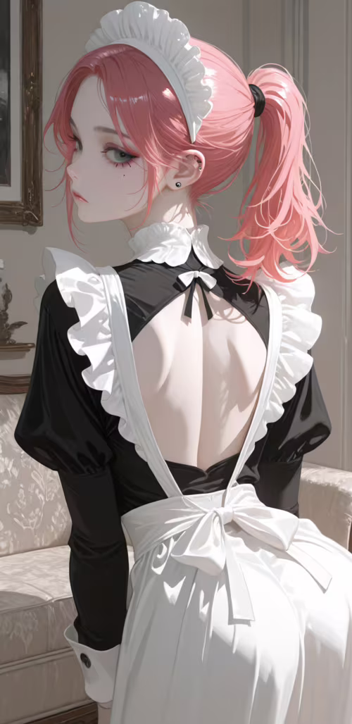 An anime-style illustration of a young woman with pink hair in a ponytail, wearing... hand phone wallpaper