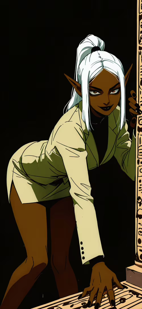 A dark-skinned elf with long white hair in a ponytail and dark makeup smirks as she...