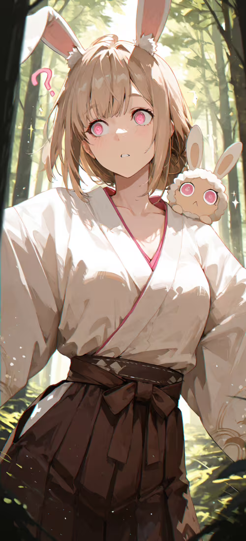 An anime girl with light brown hair and white bunny ears, wearing a white and dark...