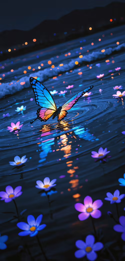 A vibrant orange Monarch butterfly rests on dark water at night, surrounded by numerous... wallpapers for android