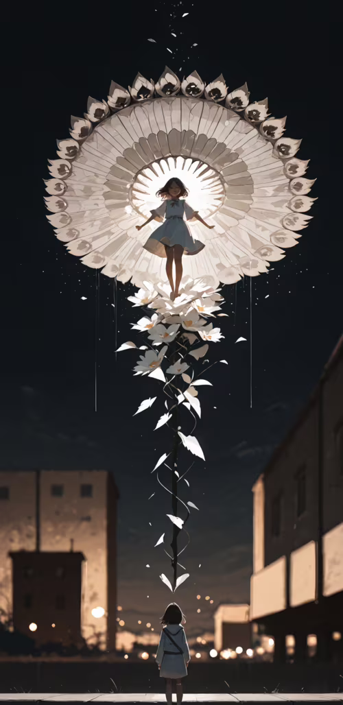 A young girl with short dark hair stands in front of a giant, glowing, shattered... mobile wallpaper