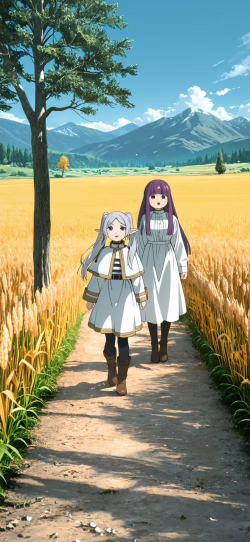 An anime scene showing the elf Frieren with silver pigtails in the foreground and...