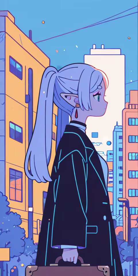 An anime-style illustration of Frieren, an elf girl with long white hair in a ponytail,... mobile wallpaper