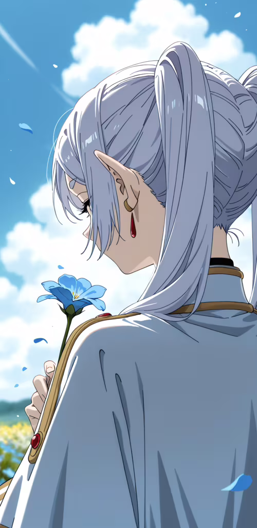 An anime illustration of the elf Frieren from behind, her long white hair in twintails.... Samsung Galaxy A8 Star download free wallpaper for phone