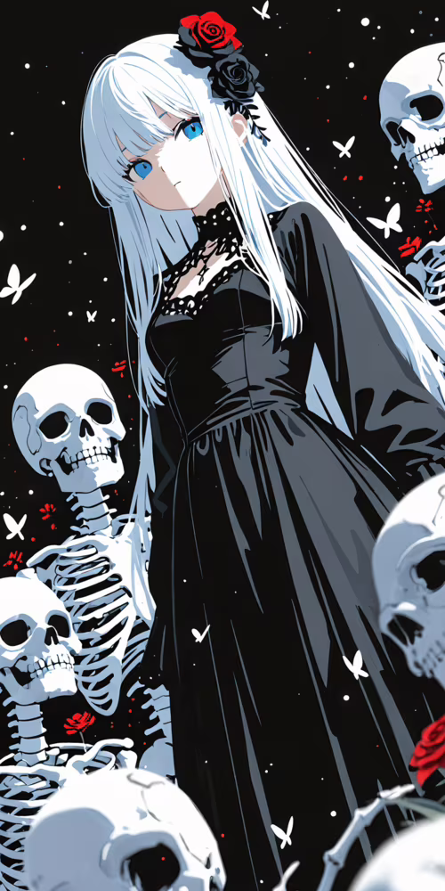 An anime girl with long white hair and blue eyes wears a black gothic dress, standing... Fairphone 3 plus Plus wallpaper photo gallery download