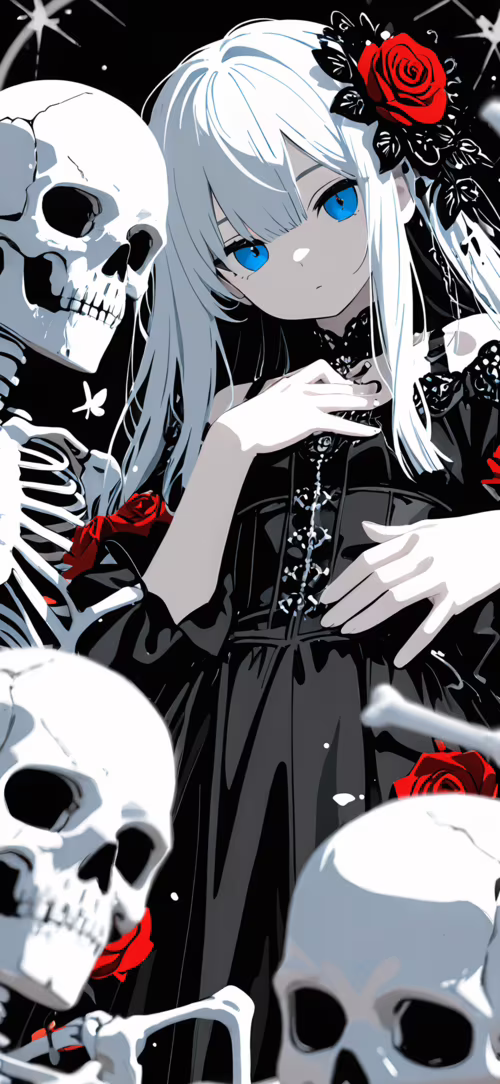 An anime girl with long white hair and blue eyes wears a black gothic dress, standing... Apple iPhone 15 wallpapers for android