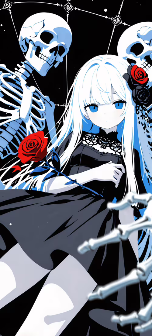 An anime girl with long white hair and blue eyes wears a black gothic dress, standing... Huawei Mate 40 lock screen wallpaper