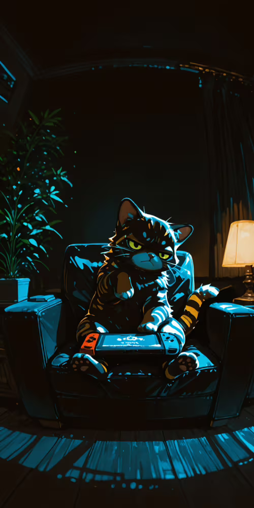 An orange tabby cat with a grumpy expression sits in a black armchair in a dimly...