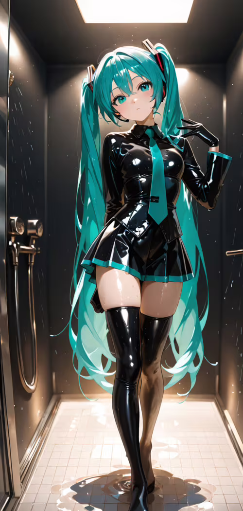 Hatsune Miku with long turquoise hair kneeling in a dark shower. She is wearing a... background images hd