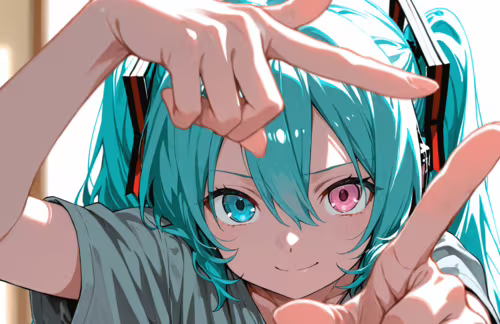 Hatsune Miku with long turquoise hair, one blue eye and one pink eye, wearing a grey... wallpaper download