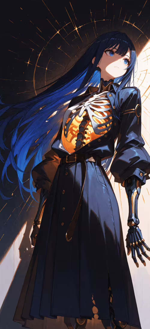 An anime-style cyborg girl with long dark blue hair looks down with a somber expression.... Honor Magic6 Pro wallpapers for android