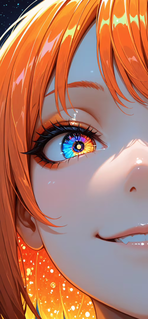 A close-up illustration of an anime girl with vibrant orange hair and a smug smirk.... Huawei Mate Xs wallpaper