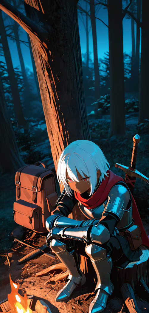An anime-style knight with white hair, dark skin, and red eyes sitting in full armor... cell phone backgrounds free