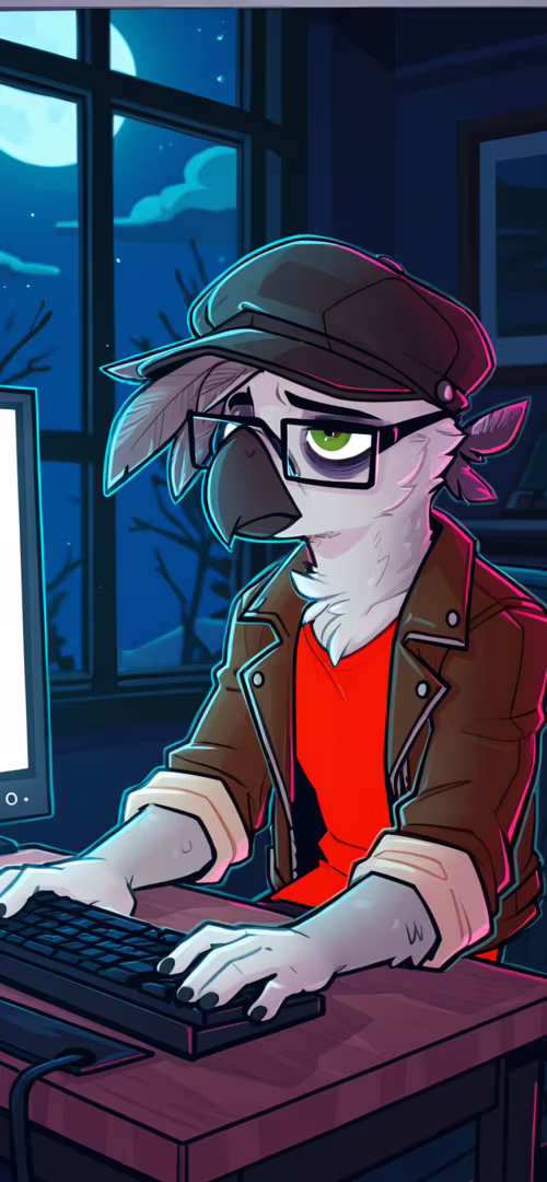 An anthropomorphic grey parrot wearing glasses, a cap, and a leather jacket, sits...