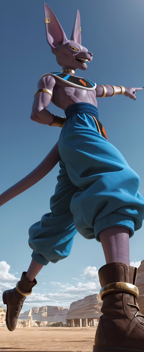 A full-body, realistic depiction of Beerus from Dragon Ball Super, a purple cat-like...