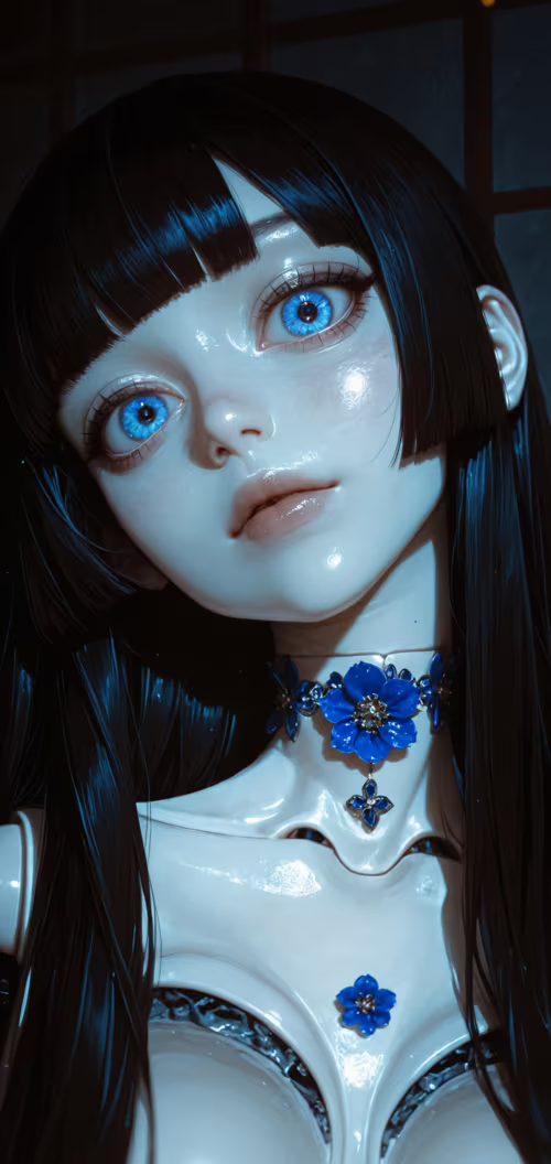A close-up portrait of an android resembling a porcelain doll, featuring pale skin,...