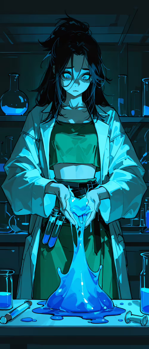 An anime-style illustration of a young, dark-haired woman in a lab coat looking in...