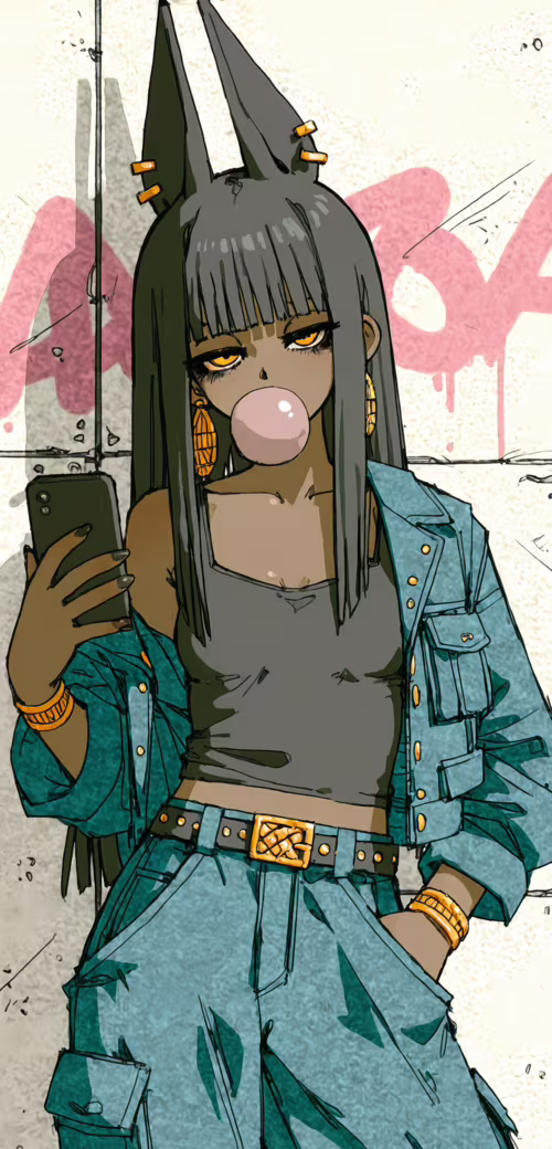 An anime-style illustration of a modern Anubis girl with black jackal ears, dark... Doogee S90C download free wallpaper for phone