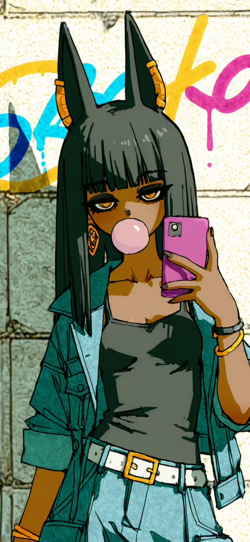 An anime-style illustration of a modern Anubis girl with black jackal ears, dark... Apple iPhone 11 wallpaper images