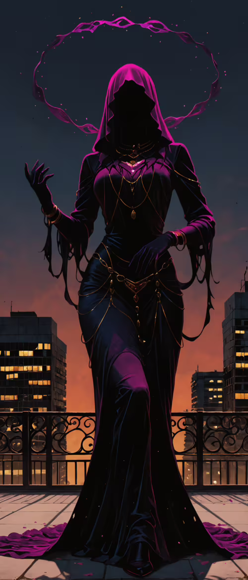 A full-body illustration of a mysterious sorceress in a dark blue hooded gown standing... ZTE nubia Flip 5G wallpapers for android