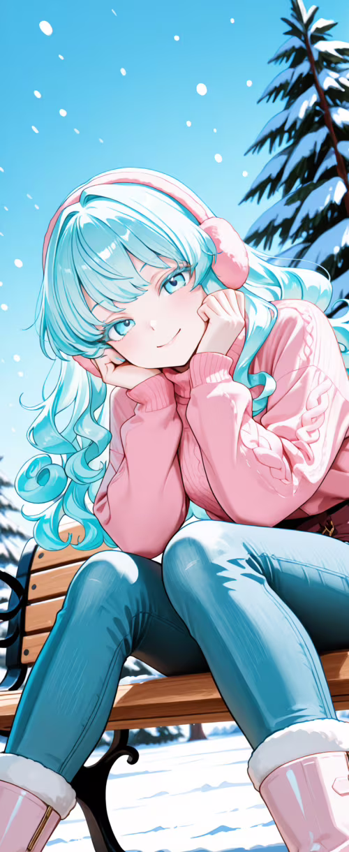 An anime girl with curly aqua hair and a pink sweater sits on a park bench in a snowy...