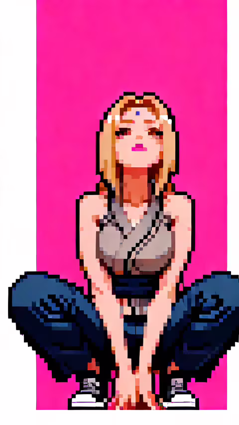 A pixel art depiction of Tsunade from Naruto in a squatting pose, looking up towards... high definition wallpaper
