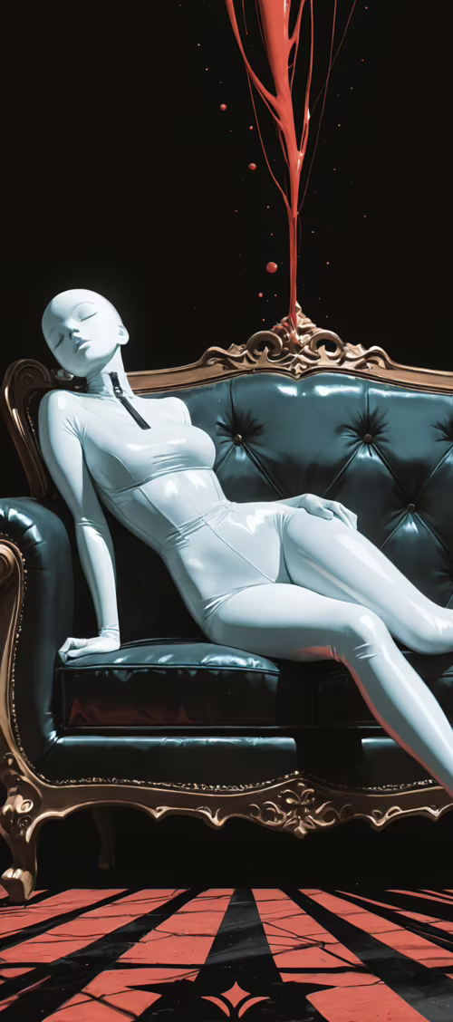 A woman with a dramatic black spiky headpiece and a glossy white latex catsuit lounges... background images hd