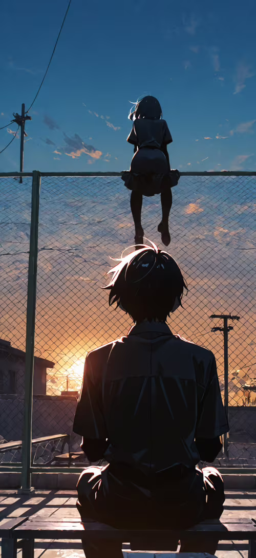 An anime illustration of a boy and girl in silhouette, sitting on a rooftop and watching... background images hd