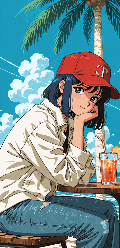 An anime-style illustration of a girl with dark hair wearing a red baseball cap and...