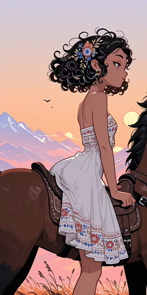 A bohemian woman with curly hair and a colorful dress riding a horse against a backdrop... Cubot Note 7 free background images