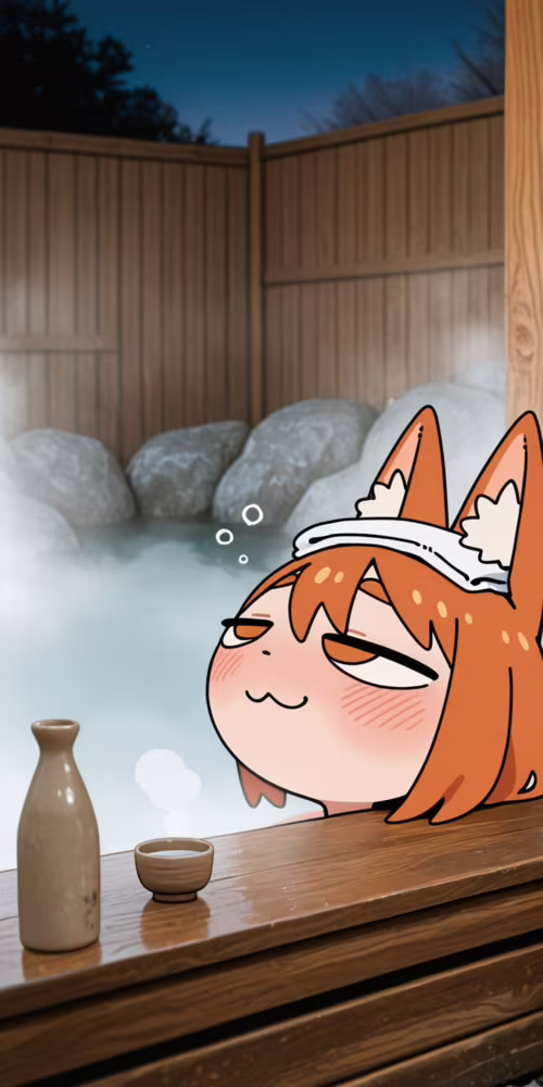 An anime fox girl, Senko-san, relaxing in a Japanese hot spring (onsen). She has... Cubot Note 7 lock screen wallpaper