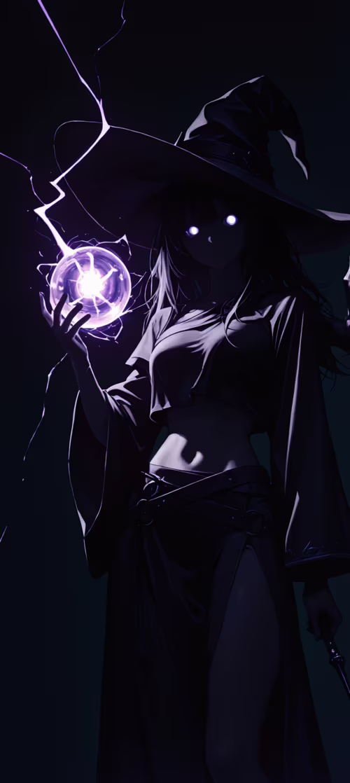 An anime-style witch with long dark hair and a large pointed hat stands in the dark.... OnePlus Nord 3 background images hd
