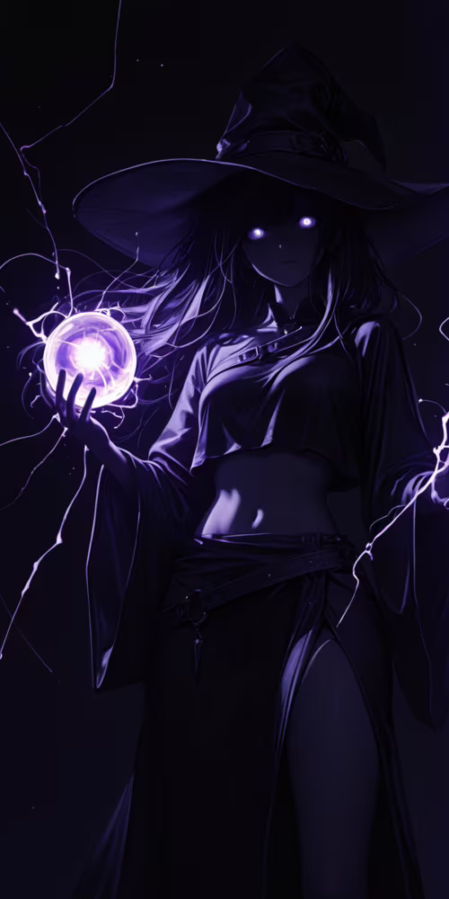 An anime-style witch with long dark hair and a large pointed hat stands in the dark.... Doogee S55 free background