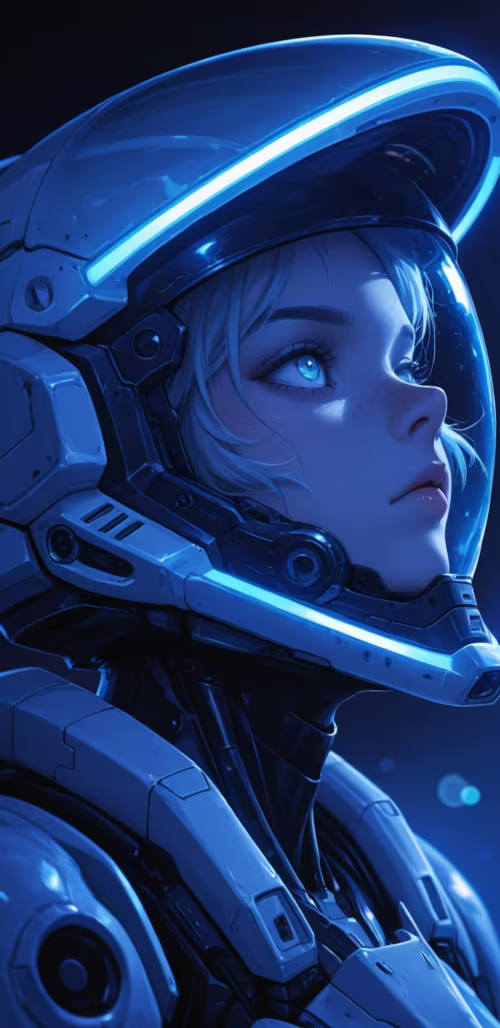 A close-up illustration of a young woman in a futuristic blue and black astronaut... hd background