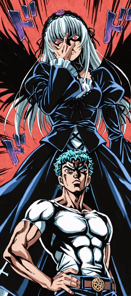 An anime-style illustration of Suigintou from Rozen Maiden with long white hair and...