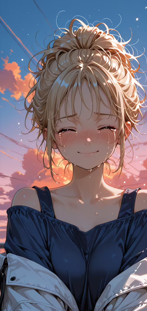 An anime girl with messy blonde hair in an updo, crying with a happy smile against... wallpapers for android