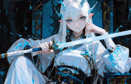 A white-haired anime woman with blue dragon horns and blue eyes sitting on a dark... background images hd