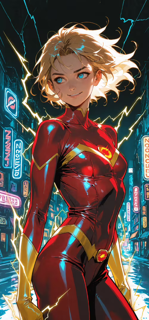 A young female superhero with short blonde hair and blue eyes, smiling in a shiny... Samsung Galaxy Note 20 Ultra wallpapers for android