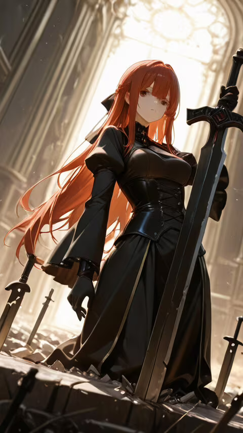 An anime-style female warrior with long white hair and red eyes stands in a destroyed... Vodafone Smart E8 wallpaper download